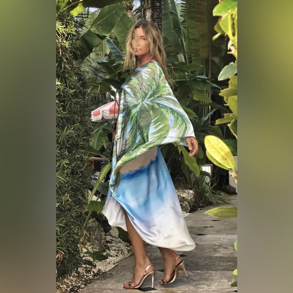 Palm Beach Aqua Luxury Asymmetrical Kimono Dress, One Arm Boat Neck Coverup - Picture 7 of 12